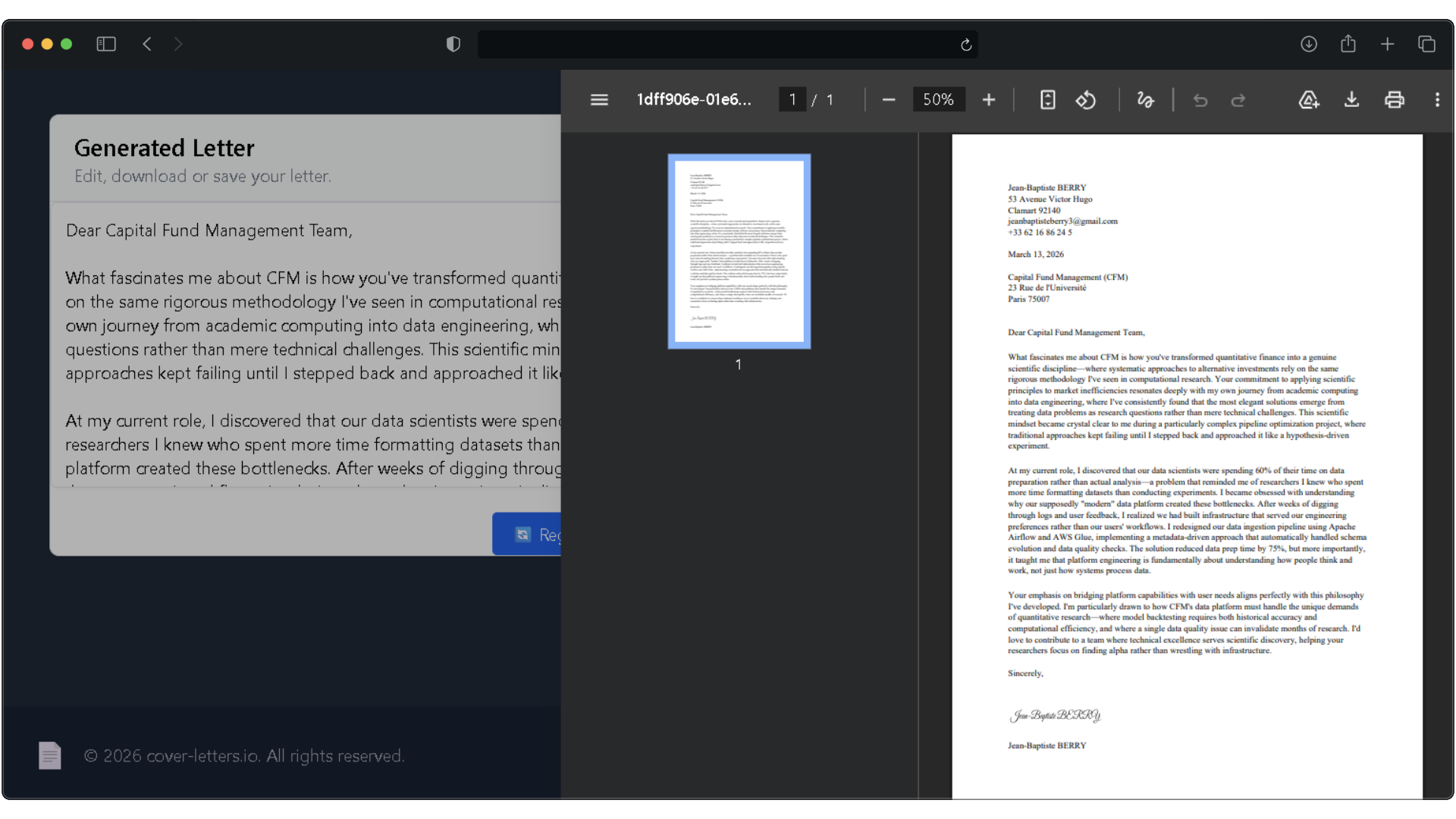 Cover letter generator preview